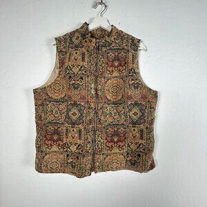 Vintage 90s Orvis Womens Tapestry Vest Zip-Up Textured Brown Multicolor Lined